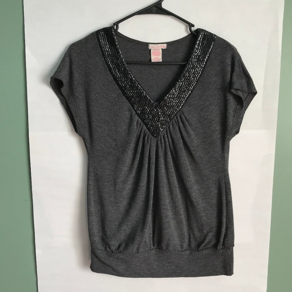 Grey knit black sequin top ruched